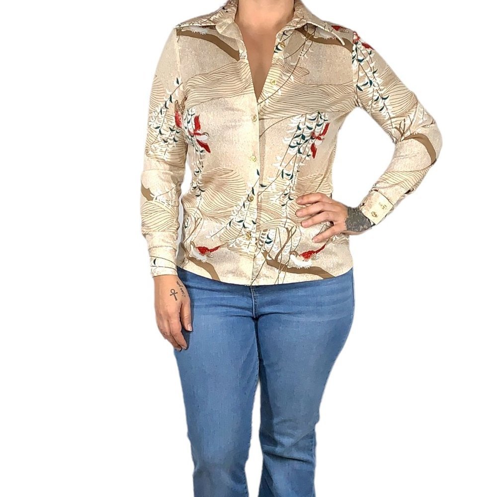 Vintage 70s Flora Fauna Print Button Up Long Sleeve Top Large